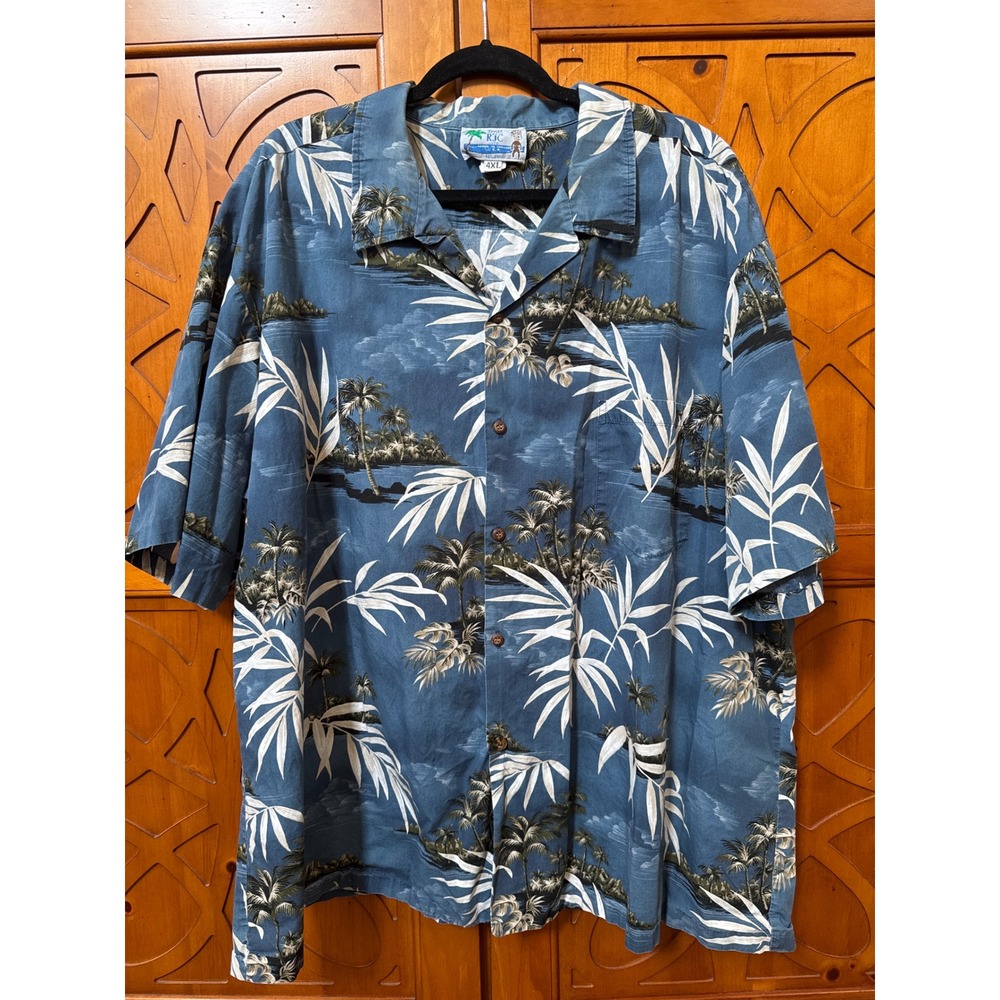 RJC Ltd Hawaiian Shirt Mens 4XL Blue Tropical Island Palm Tree Made in USA Aloha